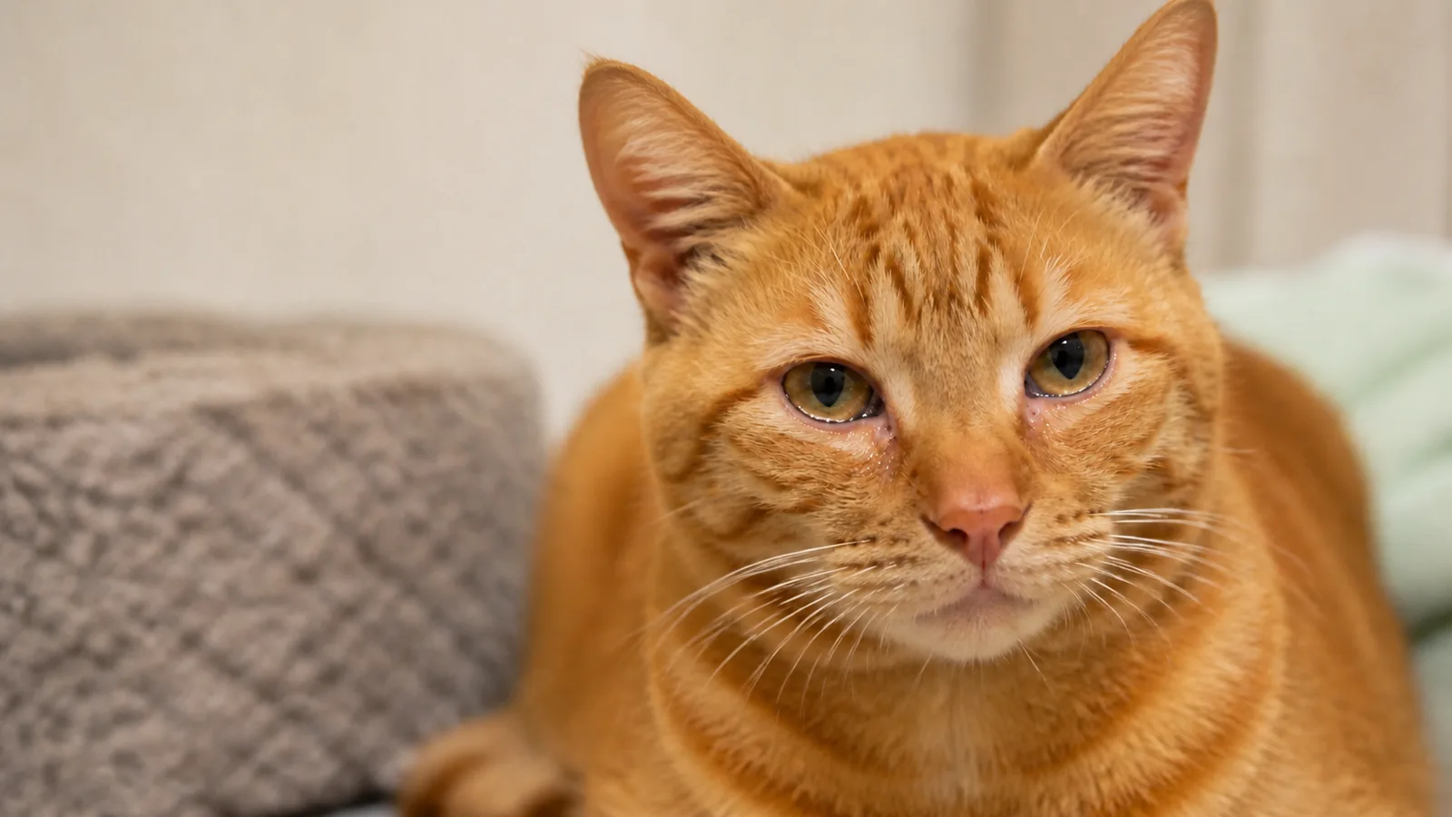 Orange cat sitting indoors, showing mild signs of watery discharge around its eyes.